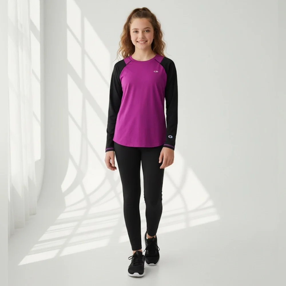 Champion Duo Dry Magenta Black Long Sleeve Athletic Workout Shirt tee L‎ 10-12